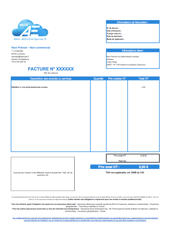 Facturier - carnet pour établir une facture sans mention de la TVA