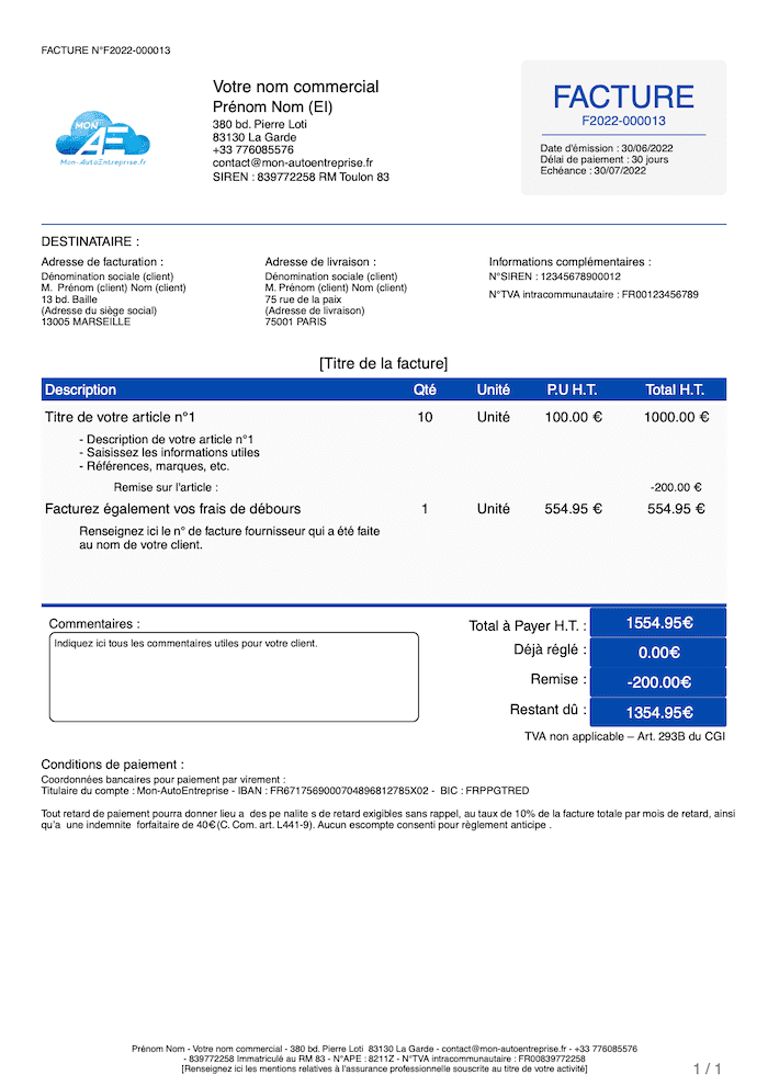 Modèle de facture d'un auto-entrepreneur